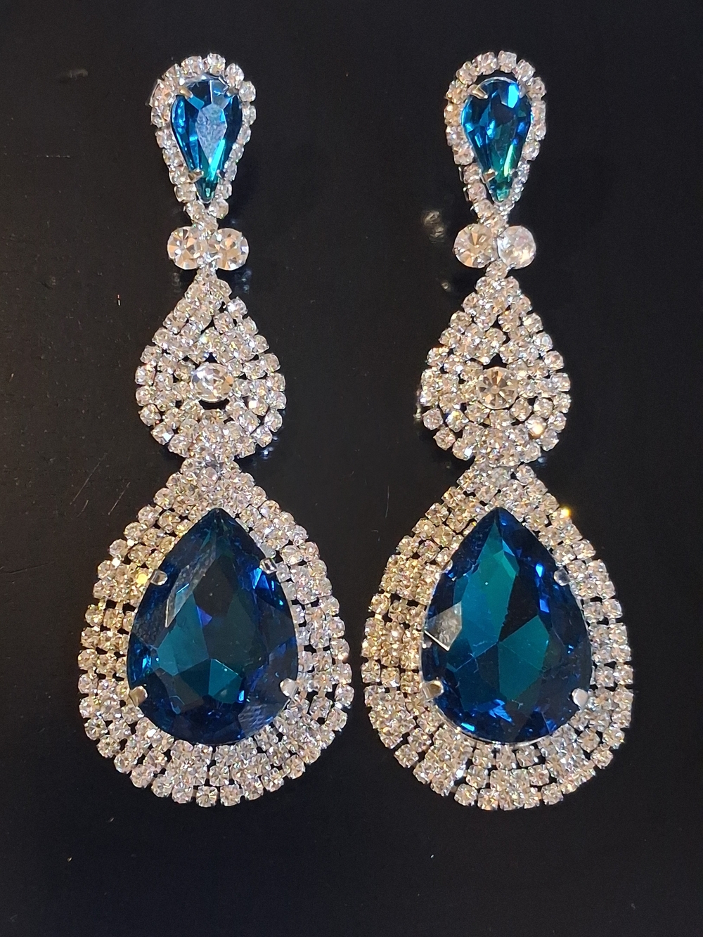 Sapphire Blue Glass Rhinestone Pageant Statement Earrings Prom Event Bridal 3¼" - Picture 3 of 16